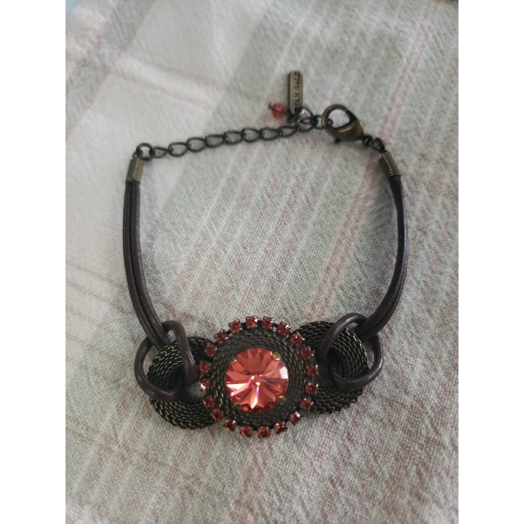 Van Galz Italy Swarovski Crystal Woven Bronze Tone Metal Leather Bracelet 75 45$